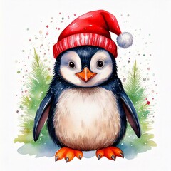 Fototapeta premium Watercolor christmas little pinguin watercolor for celebration design. Cute character design. Happy new year.