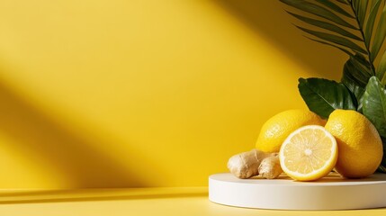 Lemons and ginger arranged artistically on a white pedestal with lush green leaves, blending warm yellow tones in a harmonious and modern still life composition.