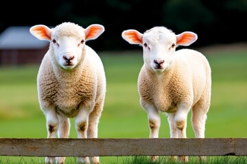 Obraz premium A ewe and a cow standing side by side near a wooden fence, with a barn and rolling hills in the background