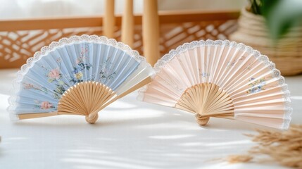 Pair of Elegant Hand Fans with Lace and Floral Designs