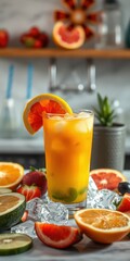 Refreshing tropical drink garnished with orange and surrounded by fresh fruits in a vibrant kitchen setting