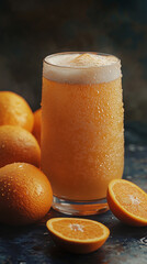 Glass of cold and refreshing orange juice with whole and sliced oranges