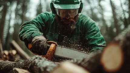A sturdy lumberjack in green gear efficiently cuts through thick wood using a reliable chainsaw, emphasizing skill and safety in a lively forest foreground.