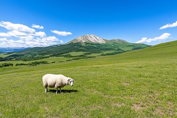 A ewe grazing near vibrant wildflowers in a sunny meadow, surrounded by lush greenery