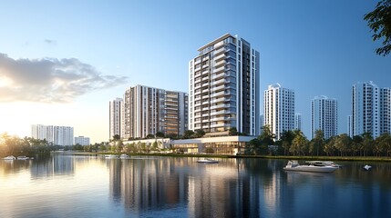 Fototapeta premium High-rise building featuring innovative modern architecture, with smooth lines and minimalistic design. 