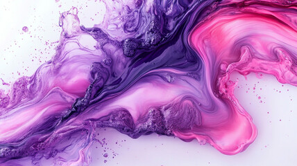 An explosion of liquid colors in shades of purple and pink swirls across a pristine white backdrop, forming a delicate and captivating abstract paint pattern
