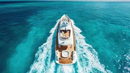 A stunning aerial perspective capturing a luxurious yacht gracefully navigating the vibrant blue...