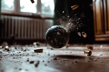 A projectile hurtles through a room, shattering debris in its path, creating a dynamic and intense scene of destruction and motion.