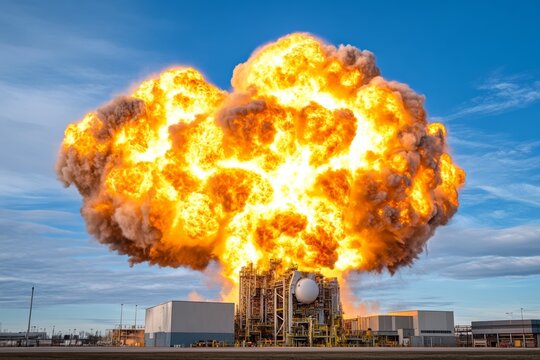 A factory explosion with flames engulfing machinery and thick smoke clouds rising into the sky