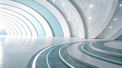 Abstract blue gray background with dynamic circular lines with glare.