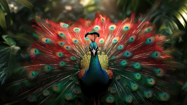 A stunning peacock unfurling its vibrant, colorful tail in a radiant display, showcasing beauty and majesty in the midst of a lush green backdrop and natural wonder.
