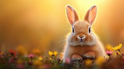 Fototapeta premium Tiny Rabbit Nestled in Bed of Wildflowers