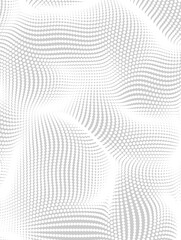 Soft wavws halftone dots background. Bubbles surface point texture. Abstract wavy dotted wallpaper. Distorted wavy web surface, gradient spotted digital white pattern. Vector