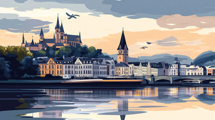 Obraz premium Illustration, Cityscape of Koblenz at the Moselle and Rine, Germany, touristic advertisement poster. Must-see touristic spot ,Mockup for touristic poster, advertisement. Beautiful travel destination, 