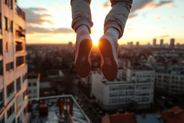 High above the city, a daring perspective of feet hanging off a ledge captures the urban skyline at golden hour.