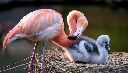 Fototapeta premium Fluffy Flamingo Chick Preening Beside Its Elegant Pink Parent