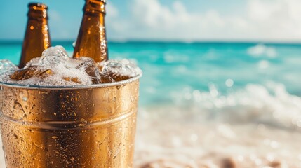 Fototapeta premium A metal bucket filled with ice and brown beer bottles on a sunlit beach, creating a refreshing image of leisure and relaxation by the ocean.