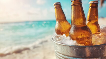 Stainless steel bucket with three chilled beer bottles sits on a peaceful beach, encapsulating a moment of escape and indulgence under the warm sun.