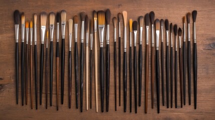 Assortment of Paintbrushes with Varying Bristle Sizes on Wooden Table with Paint Supplies