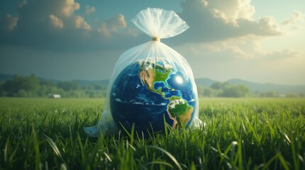 Planet Earth encapsulated in plastic bag. Globe wrapped in plastic garbage bag. Earth in plastic