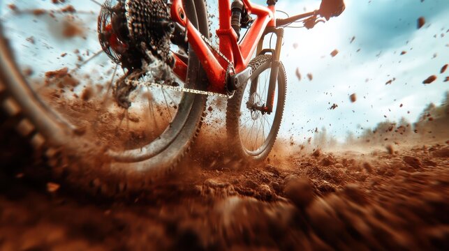 A dynamic action shot of a mountain bike racing through muddy terrain, capturing the movement and excitement as mud splashes and the wheel spins rapidly.