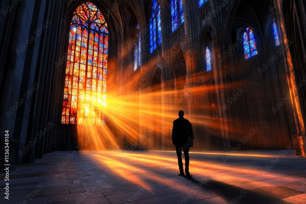 Aufkleber a gothic-inspired depiction of a person exploring an ancient, abandoned cathedral, with light stream
