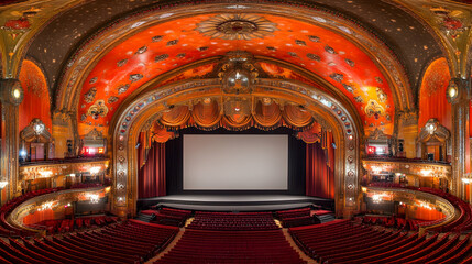 Ornate theater interior with large screen and red seating.