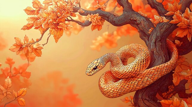 A coiled serpent amidst vibrant autumn leaves, perfect for designs related to the Year of the Snake, tranquility, or nature-themed events.