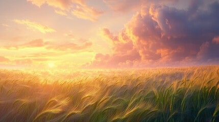Vibrant sunset over a golden wheat field, dramatic cloudscape.