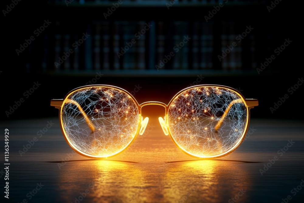 Poster a haunting scene of eyeglasses lying abandoned in a shadowy library, with cobwebs and a mysterious g