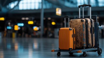 Worn Luggage on Baggage Cart at Airport Terminal
