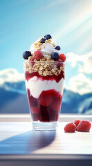 A layered parfait with yogurt, granola, and fresh berries served in a glass