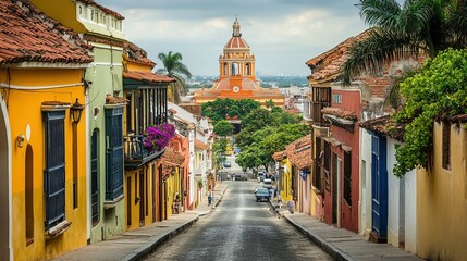 Obraz premium Nostalgic Vista: Colonial-Era Latin Quarter with Modest Homes and a Cobblestone Path, Overlooking a Plaza