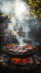 A sizzling barbecue grill with meat, vegetables, and smoky flames