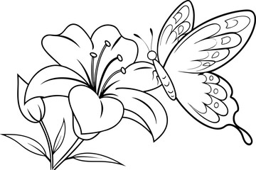 Black and white line art drawing of a butterfly on a lily