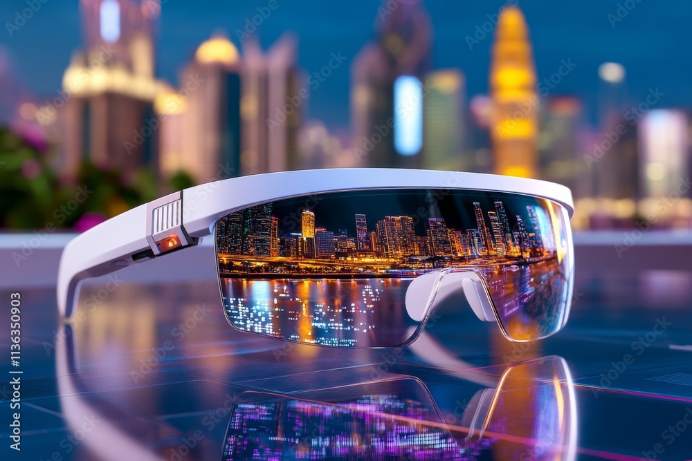 Poster A high-tech pair of smart eyeglasses displaying augmented reality information, with a futuristic cityscape in the background
