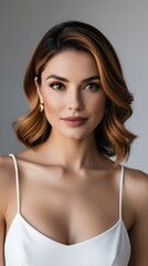 Fototapeta premium Golden Brown Hair Woman Posing Elegantly in Fashion Portrait