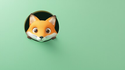 Obraz premium Cute orange fox peeking through a hole in a pastel green cartoon background. An animal sticks its head out of a hole. Colorful and creative background with copy space.