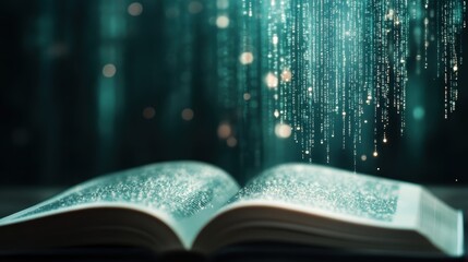 This image features an open book with streams of digital light cascading down, representing the blend of traditional literature with modern digital technology.