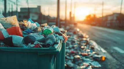 A roadway lined with discarded waste, showcasing the impact of urban pollution and waste mismanagement, as the morning sunlight begins to emerge.