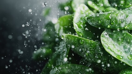 A close-up of vivid green leaves with water droplets, capturing the essence of freshness, vitality, and natural beauty, highlighted by splashes of light.