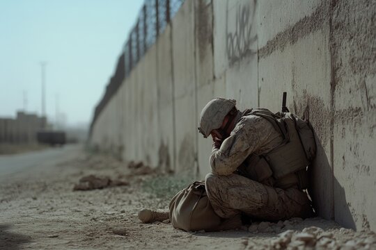 A soldier huddles against a concrete wall in a desolate landscape, embodying solitude and resilience in a moment of reflection and fatigue.