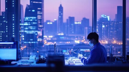 Prosthodontics lab: dental technicians crafting dentures with fine tools and molds under bright task lighting