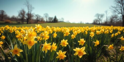 Vibrant daffodil flowers blooming in a picturesque field under clear blue skies, landscape, vibrant, blossoms