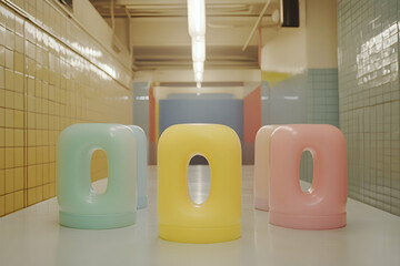 Pastel-colored, donut-shaped stools in a tiled hallway.