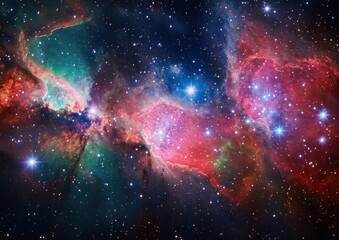 Vivid interstellar clouds display a mix of red, green, and electric blue tones, highlighting cosmic beauty and vastness