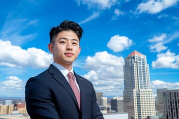 A man wearing a sleek, tailored suit posing on a rooftop with a panoramic cityscape in the background