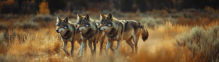 Fototapeta premium Watchful Wolf Pack Pacing Within Fenced Wildlife Reserve