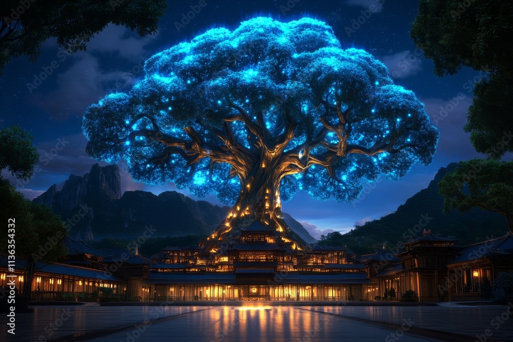 Poster a massive tree with glowing roots and leaves, towering over a magical village built into its base