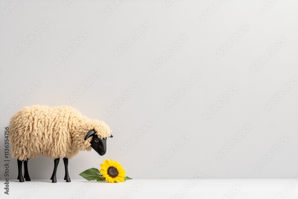Poster a minimalist depiction of a ewe grazing near a single sunflower in a clean, white background setting